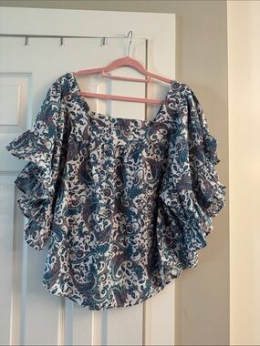 Terra & Sky Blue and White Paisley Ruffle On or Off-Shoulder Top